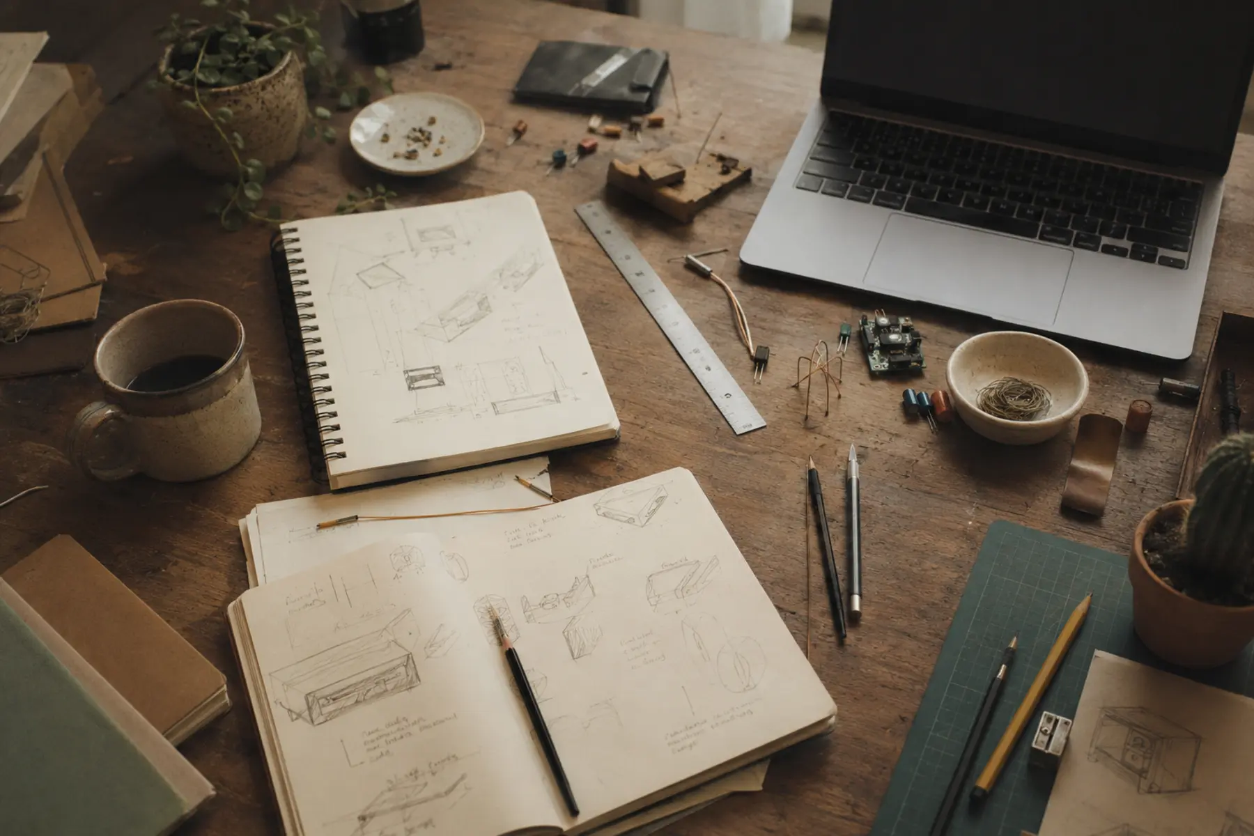 Sketchbooks, tools, and electronics on a creative workspace