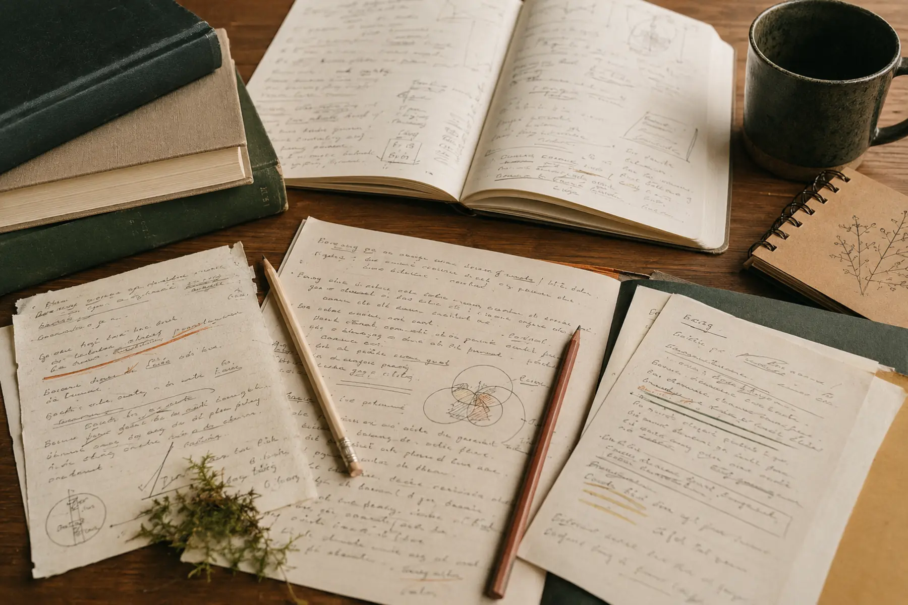 Books and handwritten notes spread across a wooden table