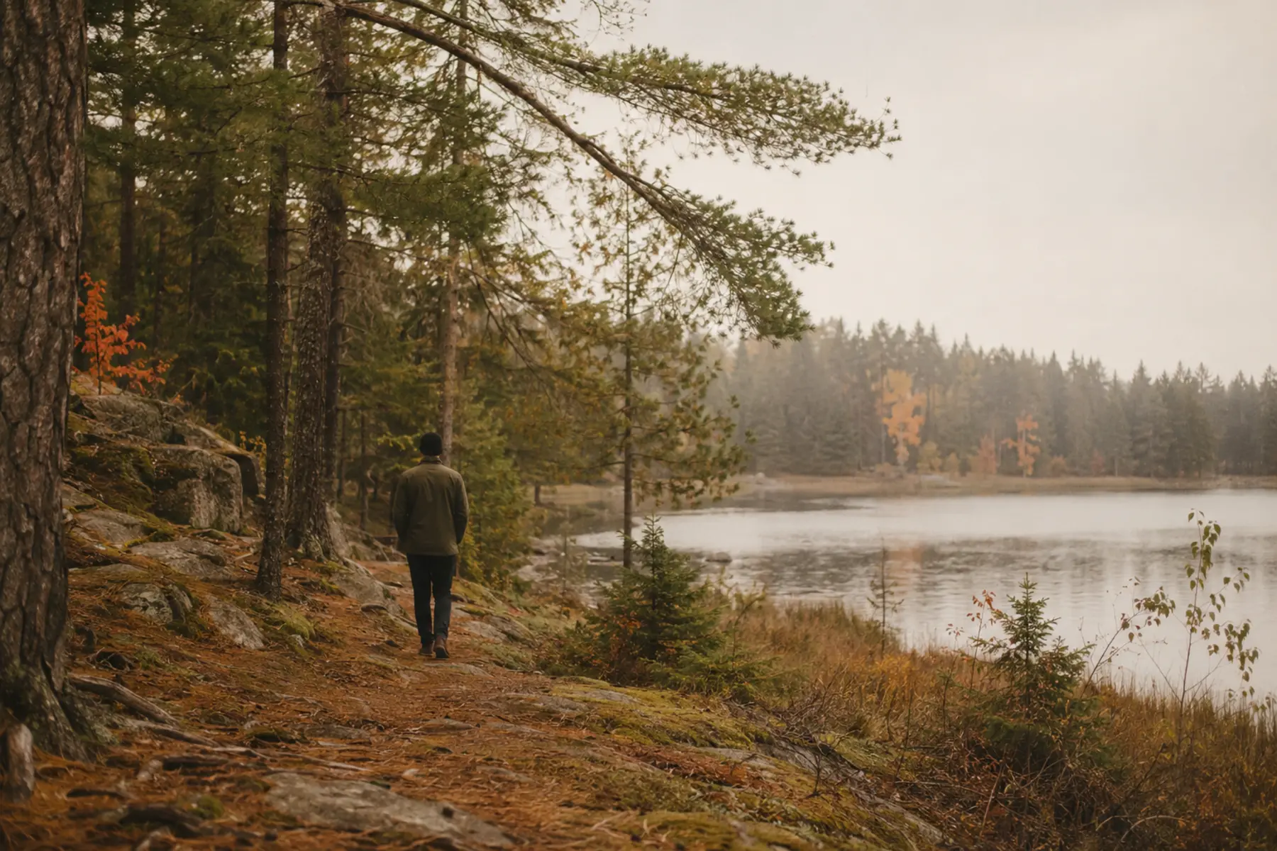 A person walking beside a quiet Ontario lake in autumn