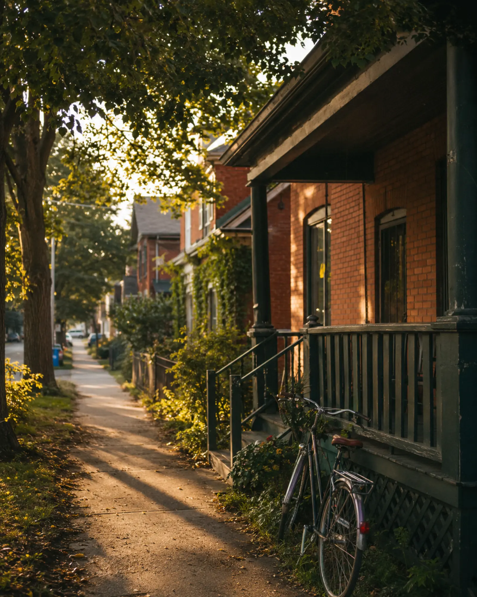 A tree-lined Ottawa street with brick homes in evening light