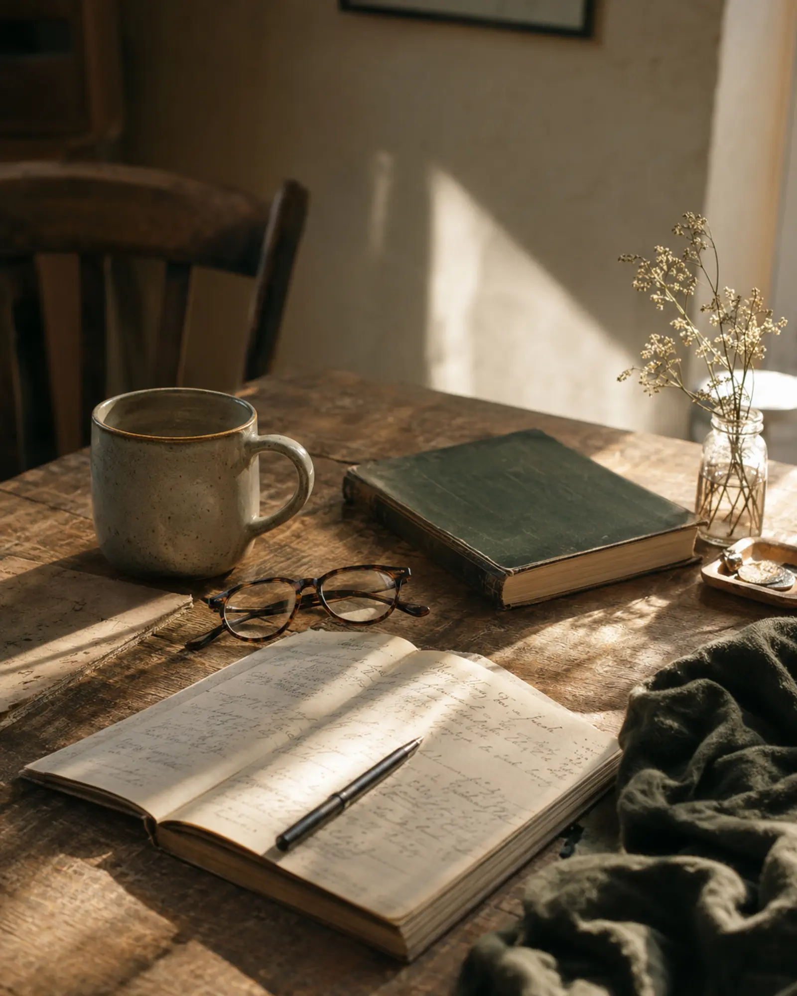 A notebook, book, coffee, and glasses in warm morning light